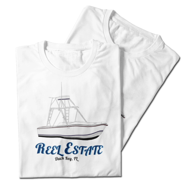 An image of t-shirts laid on top of one another with the fishing vessel "reel Estate" feautred on the t-shirt.