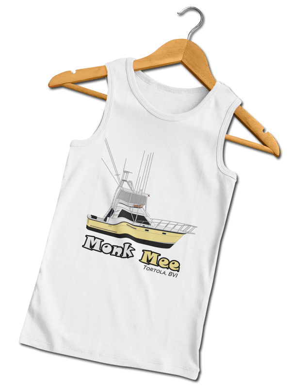 An image of a custom yacht tank top from custom yacht shirts on  a hanger. 