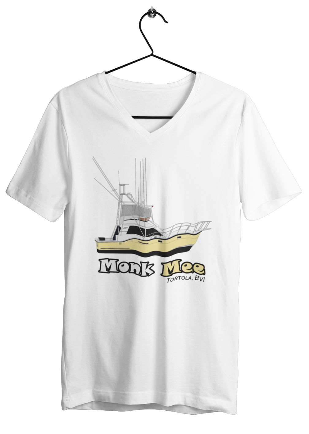 An image of a custom yacht shirts v-neck t-shirt with custom branded design. 