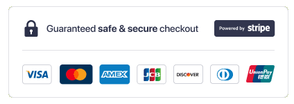 An image of a guaranteed safe & secure checkout button powered by stripe payments. 