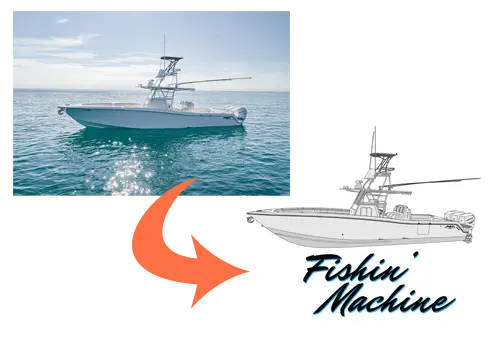 An image of the creation of custom digital boat line artwork from a photo of a boat.