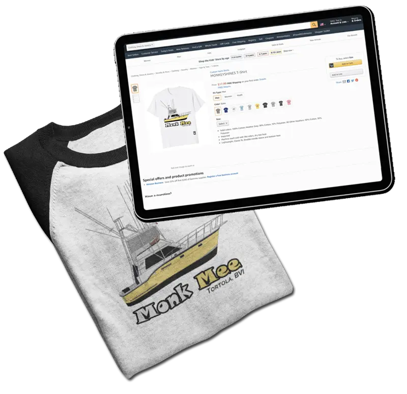 An image of an Amazon ordering page and completed custom boat shirts printed raglan tshirt folded with a hatteras 37 art on the front. 
