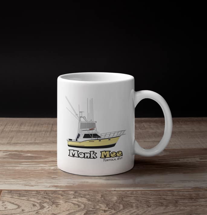 An image of a custom boat coffee mug from custom yacht shirts.