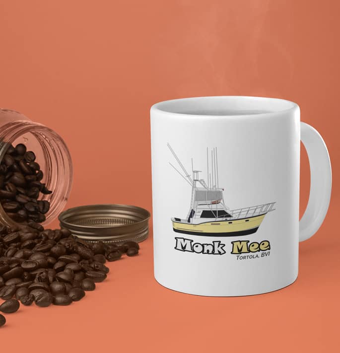 An image of a custom boat coffee mugs next to spilled coffee beans.