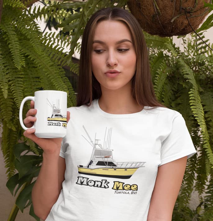 An image of a woman holding a custom boat coffee mug.
