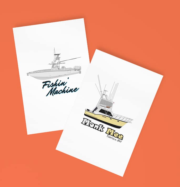 An image of two custom boat greeting cards available from Custom Yacht Shirts