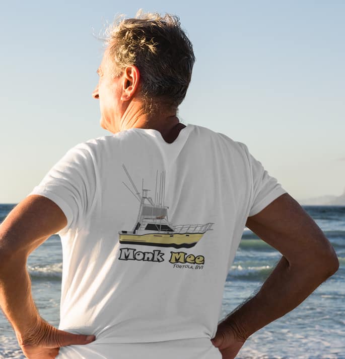 An image of an older man wearing a custom boat shirt with backprint.