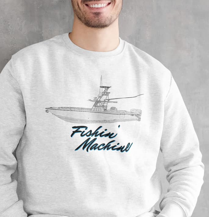 An image of a man in custom boat sweatshirt.