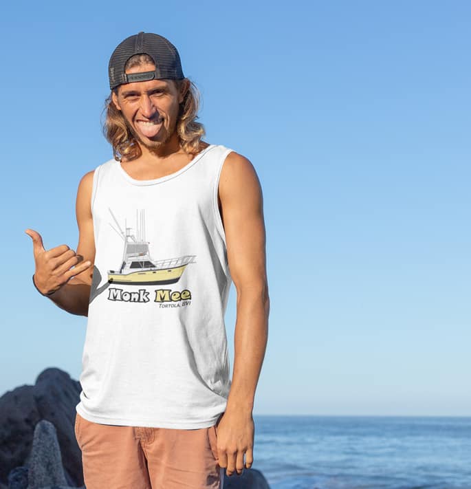 An image of a young man wearing custom tank top from custom yacht shirts.