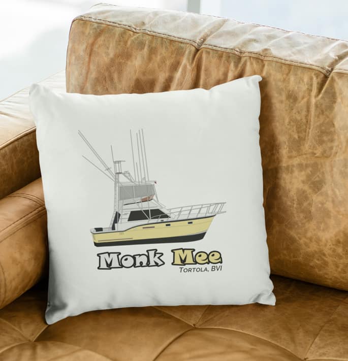 An image of a custom boat throw pillow on a couch.