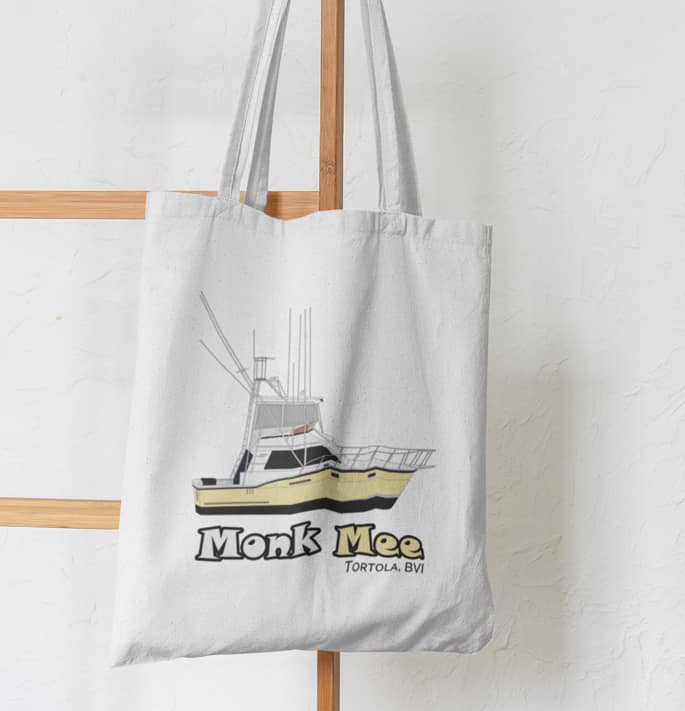 An image of custom boating tote bag hanging on a wall.
