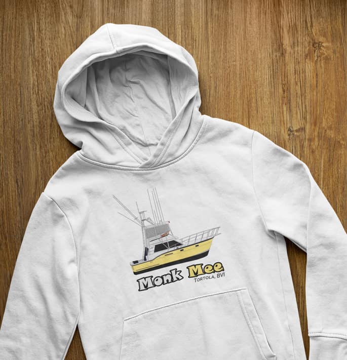 An image of a pullover hoodie with custom boat artwork.