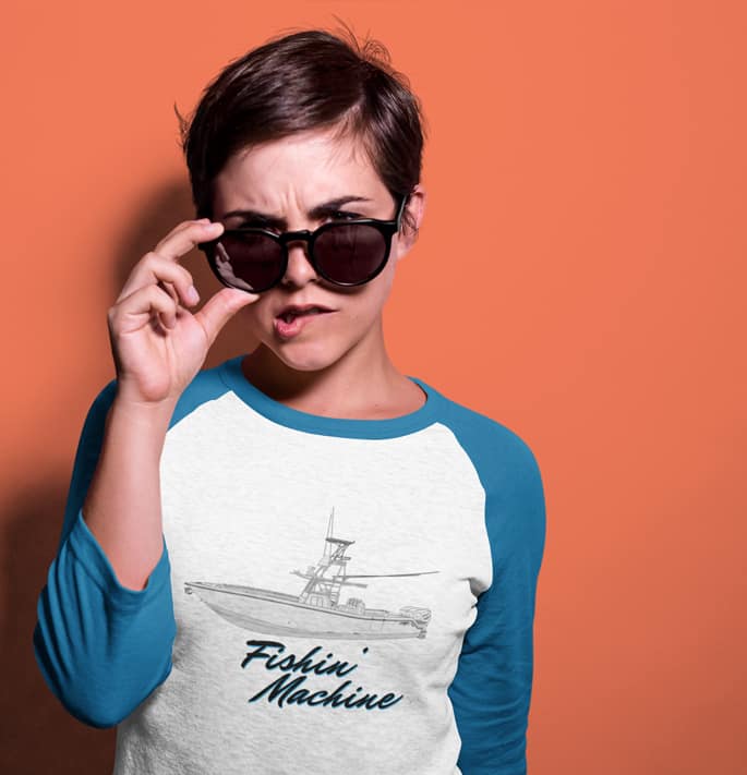 An image of a woman wearing a custom boat raglan tshirt.