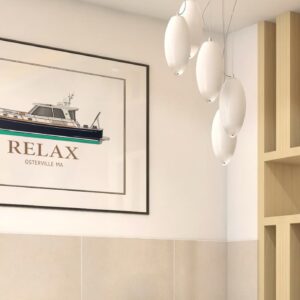 An image of custom boat wall art hanging on a wall.