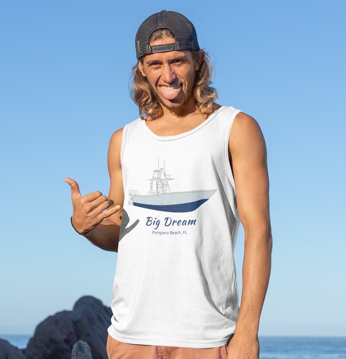 An image of a young man wearing custom tank top from custom yacht shirts.