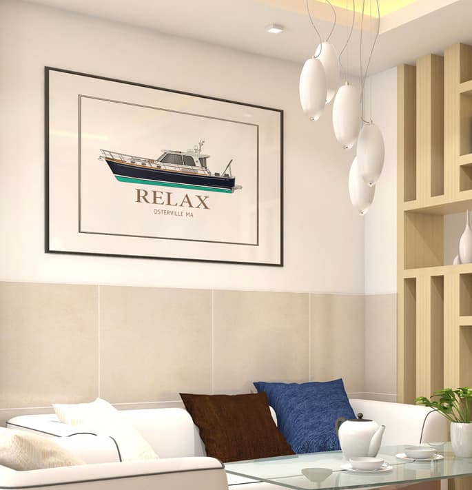 An image of custom boat artwork hanging in a nice house on the wall. 