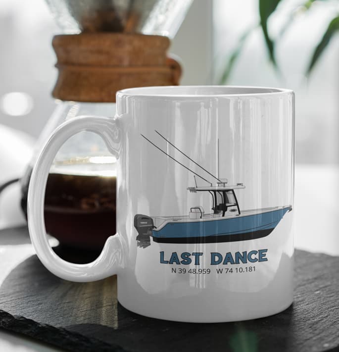An image of a custom boat coffee mug from Custom Yacht Shirts