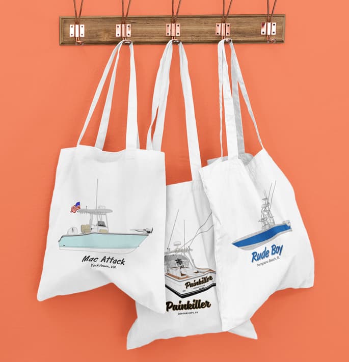 An image of custom tote bags hanging on a boaters wall!