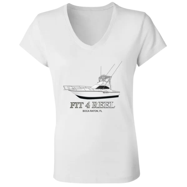 The Bella Canvas Ladies Jersey Vneck Frontprint with custom boat art.