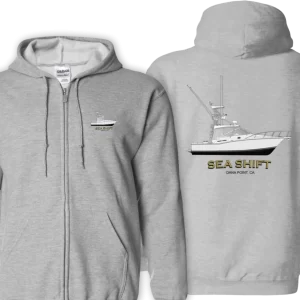 Gildan Zip Hoodie with small boat art front and full boat art back.