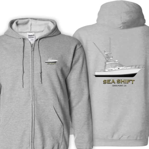 Gildan Zip Hoodie with small boat art front and full boat art back.