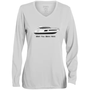The Augusta Ladies Vneck Performance shirt with frontprint boat art