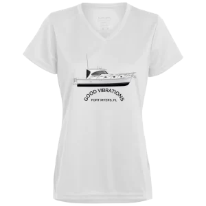 The Augusta Ladies Vneck Performance Tshirt with frontprint custom boat art.
