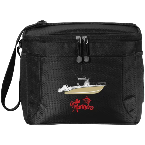 The Port Authority 12-pack cooler with custom boat art available on custom yacht shirts in black.