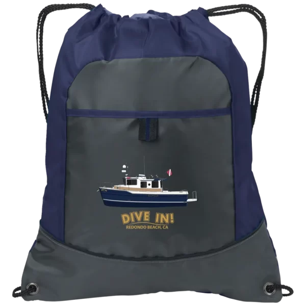 The Port authority BG611 pocket cinch bag in deep smoke and true navy colors with custom boat artwork from custom yacht shirts.