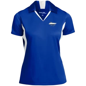 The SportTek Ladies Colorblock Performance Polo in True Royal and White with boat art frontprint