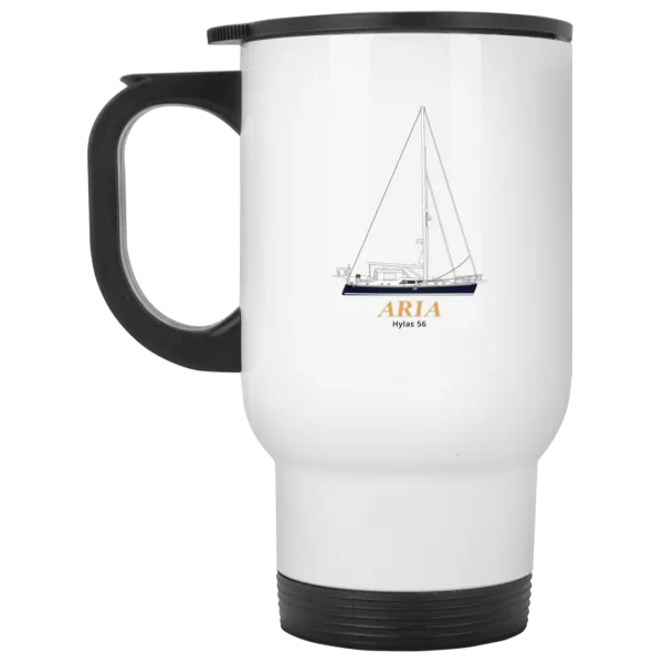 White Travel Mugs with your custom boat artwork from custom yacht shirts.