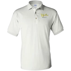The Gildan Mens Jersey Polo Shirt with custom boat name on front.