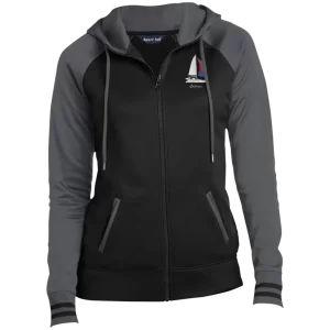 An image of the ladies sporttek sportwik zip hoodie with custom boat art printed on the front pocket area.