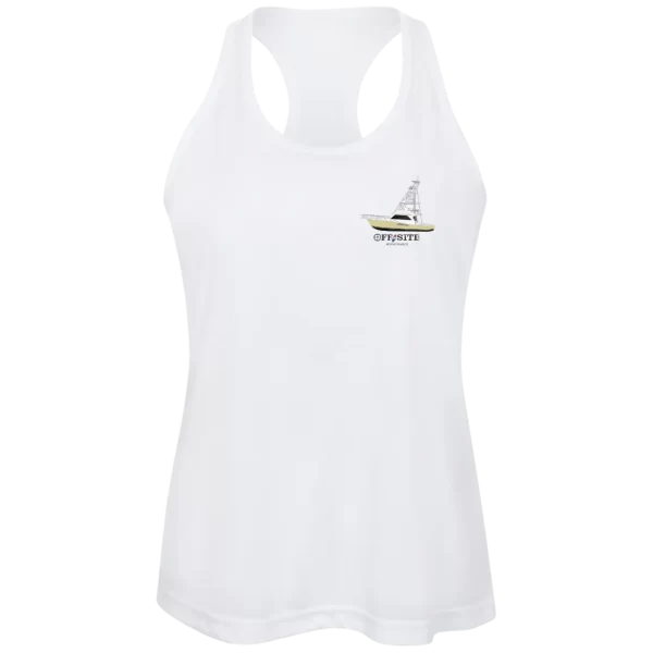 The Team 365 Ladies Racerback Performance tank in white.